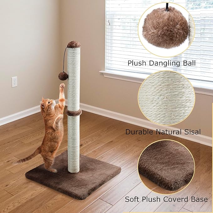 Dimaka 29" Tall Cat Scratching Post, Claw Scratcher with Sisal Rope and Covered with Soft Smooth Plush, Vertical Scratch [Full Strectch] for Standard Size Cats (Dark Brown, 29 inches for All Cats)