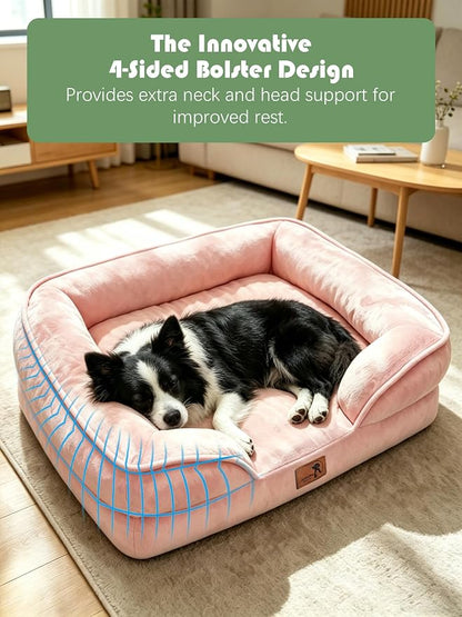 Spotted Play Orthopedic Dog Bed with Sides - Sofa Beds for Large Dogs, Supportive Foam Pet Couch Bed with Washable Removable Cover, Waterproof Lining and Non-Slip Bottom, Pink - L