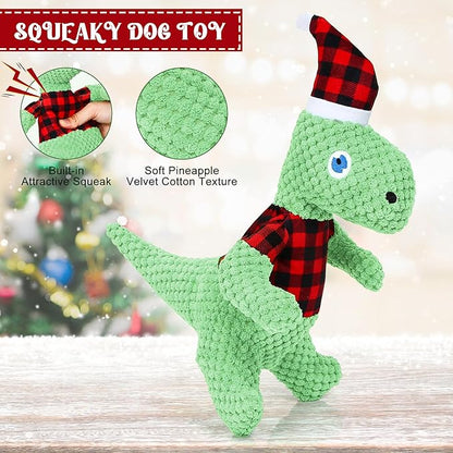 Christmas Dog Toys, Plush Stuffed Green Dinosaur Animals Toy, Squeaky Dog for Small Dogs, Interactive Dog Toys for Tug-of-War