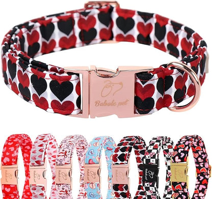 Valentines Dog Collar, Red Black Heart Valentine Pet Collar with Metal Buckel, Durable Adjustable Holiday Dog Collars for Small Medium Large Dogs L