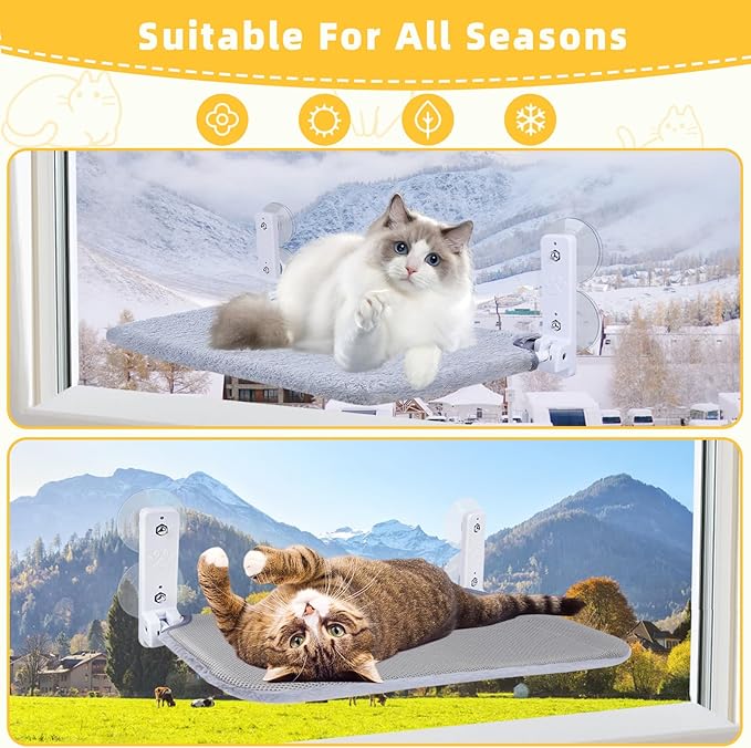 Cat Window Perch, Foldable Cat Window Hammock Sunbathing and Climbing Cats Hammock for Window Bed Bearing 40 Pounds Window Perch for Cats Inside 2-in-1 Reversible Cover (Light Gray)