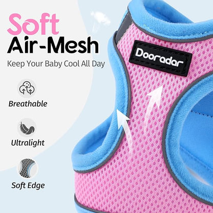 Dooradar Cat Harness and Leash Set, Escape Proof Lightweight Kitten Harness, Soft Breathable Reflective Vest for Outdoor Walking Traveling, Adjustable for Medium Cats, Pink & Blue, M