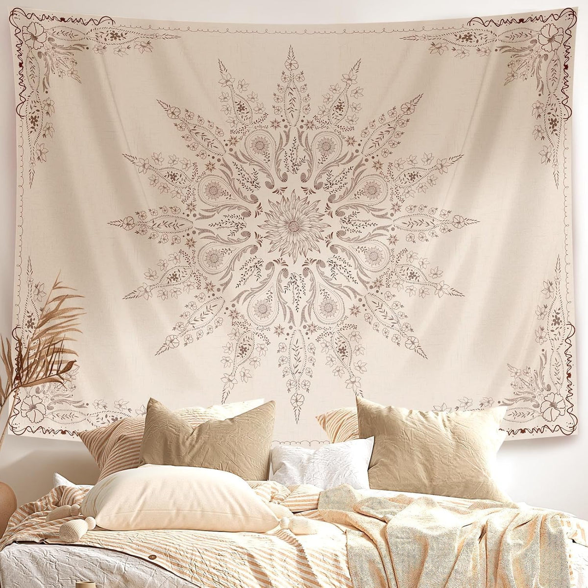 Damanse Floral Tapestry Wall Hanging Cute,Boho Wall Tapestry for Bedroom Aesthetic,Mandala Living Room Decor for Teen Girls (Flaxen, 70.9"x90.6")