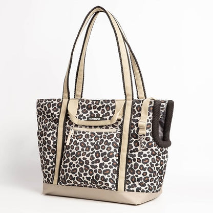 Transit Tote Dog Carrier for Small/Medium Dogs 8-20 lbs, 19x12x9 Soft-Sided 4-Pc Set with Waterproof Base, Plush Insert, Food Pouch, Mesh Head Opening - Medium, Leopard