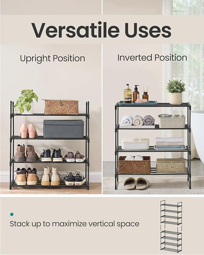 SONGMICS Shoe Rack, 4-Tier Shoe Organizer, Metal Storage Shelf, Upright or Upside Down, for 10-15 Pairs, Stackable, for Entryway, 11.8 x 26.8 x 29.5 Inches, Black ULSA204B01