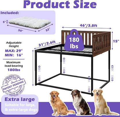 Beside Dog Bed,2 Panel Adjustable Height Dog Bunk Beds,47''x 31'' Metal Dogs Bed Frame with Cushion,X-Large