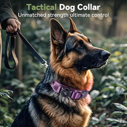 2026 Upgrade Waterproof AirTag Dog Collar, Military Tactical Dog Collar with AirTag Holder, Comfortable Control Handle and Metal Buckle, GPS Dog Collar Holder for Medium to Large Dogs (Purple, L)