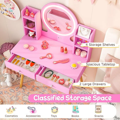 Costzon Kids Vanity, Girls Vanity Set with Mirror and Stool and Lights, Drawers, Storage Shelves, Wooden Toddler Makeup Vanity Desk Dressing Table, Kids Vanity Table and Chair Set (Pink)