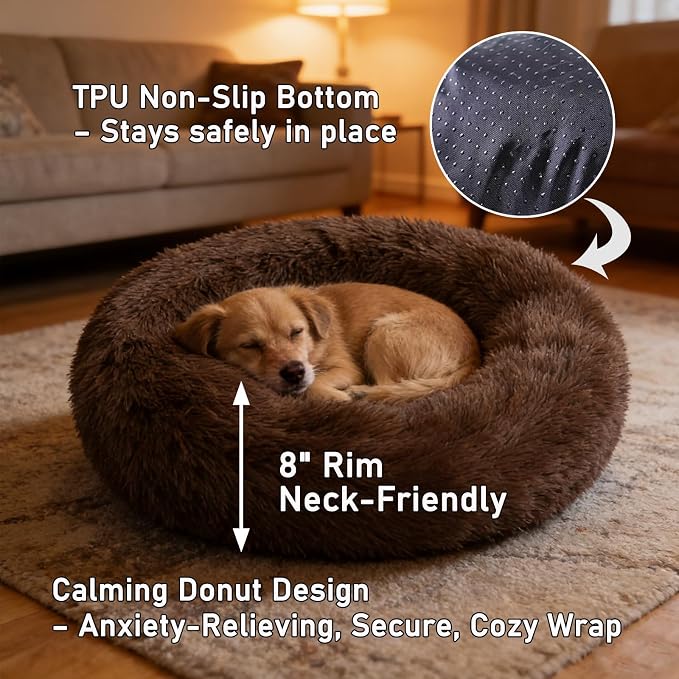 Calming Donut Dog Beds for Small Dogs Kitten - Washable Removable Cover Non-Slip Bottom, Round Pet Bed Puppy Bed Warming Fluffy Faux Fur Anti-Anxiety, Fits up to 15 lbs (Coffee, 20")