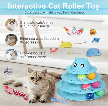 UPSKY 24 PCS Cat Toys, 3-Level Turntable Kitten Toys Set, Interactive Cat Roller Toys for Indoor Cats, Catnip Toys, Cat Teaser Toys, Mice Toys, Spring Toys, Various Ball Toys for Kitty