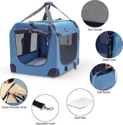 Petprsco Portable Collapsible Dog Crate, 24" Soft Dog Crate for Car Travel | Includes Mat, Blanket & Bowl, Strong Fabric, 4-sided Mesh Vents, 3 Doors, Fit Small Dogs & Large Cats Indoor and Outdoor Use