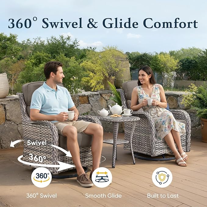 Belord Luxury 6" Thick Cushioned 7 Pieces Patio Furniture Set with Fire Pit Table, Wicker Outdoor Conversation Set with High Back Swivel Rocker Chairs for Deck Porch Yard and Poolside - Grey+Grey
