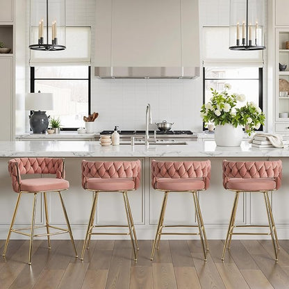 VECELO Bar Stools Set of 4, Counter Height Bar Stools, 26 inch Seat Barstools with Woven Back and Footrest for Kitchen Island Counter, Pink