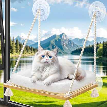 Cat Window Perch Cat Hammock Kitten Window Seat with Cushion Bed Cover Solid Wood Seat with Strong Suction Cups Hanging Kitten Bed for Small Medium Indoor