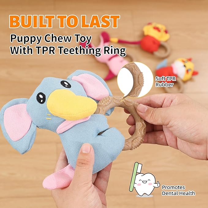 4-Pack Puppy Teething Toys, Dog Squeaky Toy to Keep Them Busy, Stuffed Toy with TPR Ring, Durable Dog Chew Toys for Small Breed