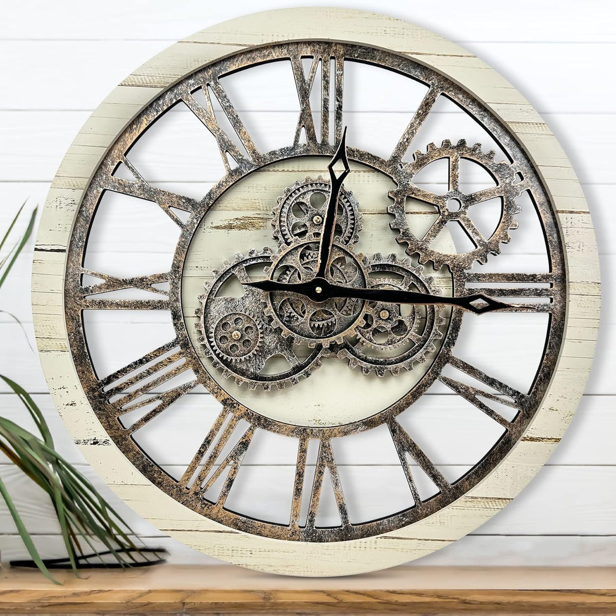The B-Style Large Wall Clock 24 inch Moving Gear Wall Clock Oversized Vintage Farmhouse Wall Clocks for Living Room Decor Rustic Industrial Wood Clock (Desert Beige, 24 inch/60cm)