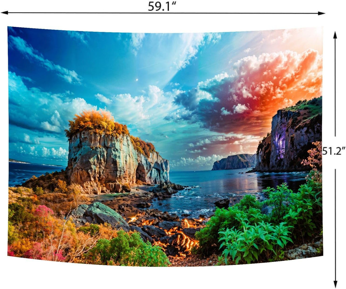 Delur Coastal Ocean Beach Tapestry Tropical Forest Tree Sunrise Sea Landscape Tapestry Wall Hanging Wave Sunset Nature Colorful Spiritual Headboard for Bedroom Living Room Home Decor (51.2" x 59.1")