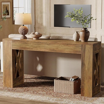 Tribesigns 63-Inch Long Console Table, Farmhouse Entryway Table with 2 Drawers and X-Shaped Legs, Narrow Sofa Furniture Behind The Couch for Entrance, Hallway, Living Room, Warm Brown