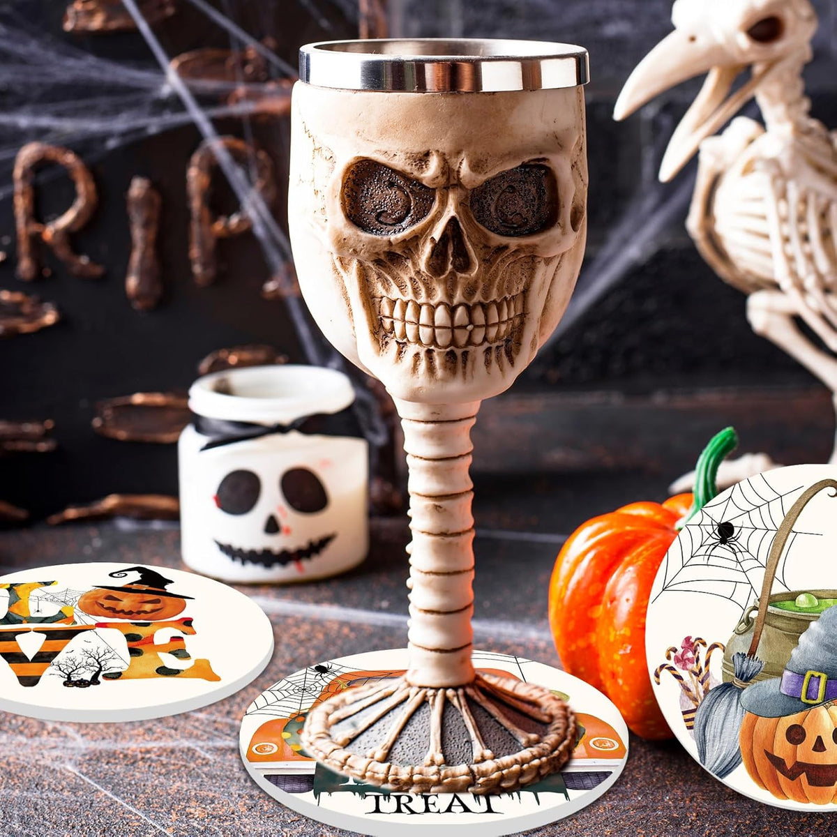 Whaline 6Pcs Halloween Coasters Watercolor Ceramic Coasters Pumpkin Gnome Pattern Drink Coasters Cup Mat for Table Room Decor Party Supplies, 4.1 x 0.3 Inch