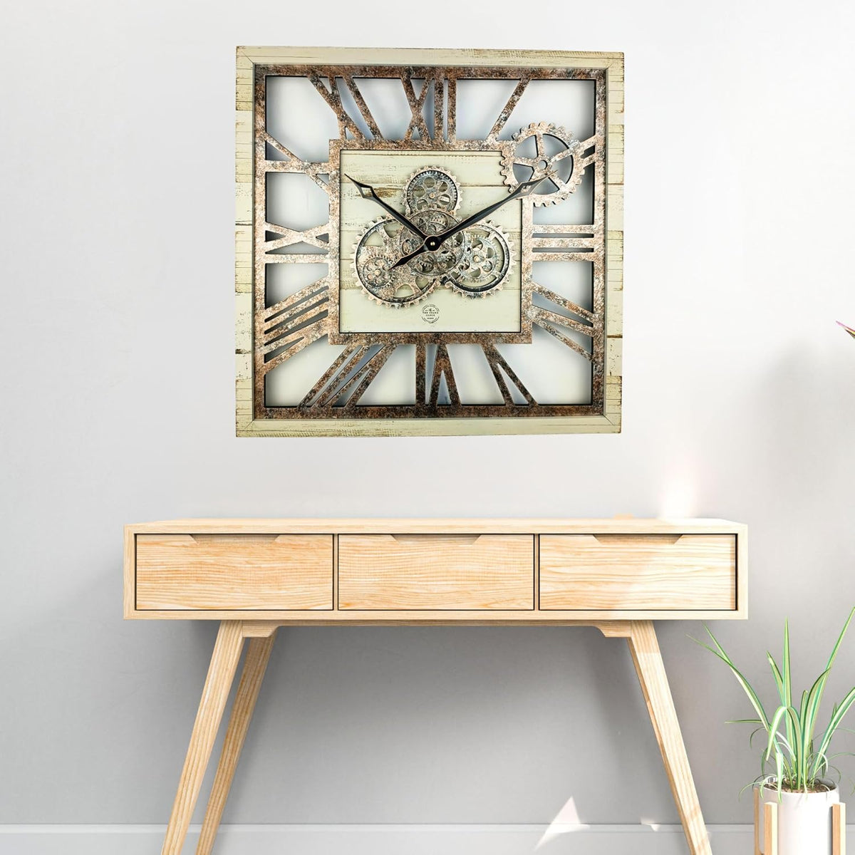 The Gears Clock 24'' Inch Square Real Moving Gear Wall Clock Vintage Industrial Oversized Rustic Farmhouse (Desert Beige)
