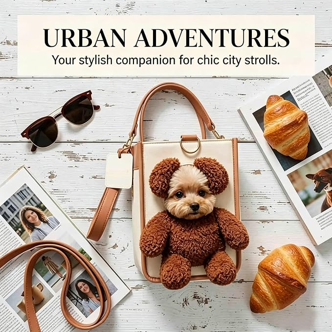 Teddy Bear Dog Carrier Bag, Teddy Carrier Bag for Dogs and Cats, Portable PU Leather Shoulder Tote with Plush Ears, Portable Convenient，White Brown Color Scheme M