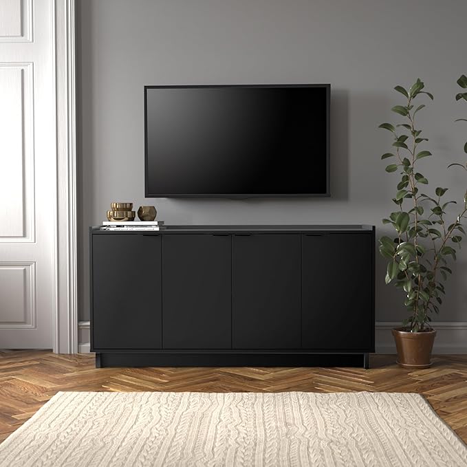 Prepac Simply Modern 4 Door Console Table Storage Cabinet, Buffet Cabinet for Storage and Organization, Modern Side Table with Doors & Shelves, 60”W x 30”H x 16”D, Black