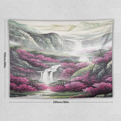 Japanese Tapestry, Red Plum Blossom Mountain Tapestry, Asian Japanese Wall Tapestry, Nature Landscape Tapestries for Bedroom Living Room Decor 80"x60"