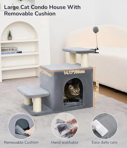 Happi N Pets Dog Stairs with Cat Scratching Post & Large Condo, Stable Pet Steps for High Beds Couch, 3 Combinations Cat Ramp Tree Tower for Cats or Small Dogs, Removable Cushion & Bonus Toy, Gray
