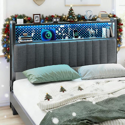 VINGLI Queen Size Headboard Only, Adjustable Upholstered Headboard with 2 Tier Shelves and Pegboard with Charging Stations and LED Lights, Modern Bed Headboard with Storage for Bedroom Decor