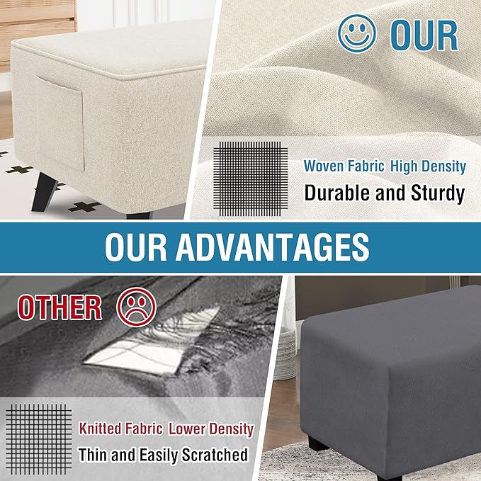 H.VERSAILTEX Durable Ottoman Cover Linen Look Storage Ottoman Slipcover Thick Footrest Stool Covers with Storage Side Pocket for Square Ottoman Fit Length 24"-25" Footrest - Heather Ivory