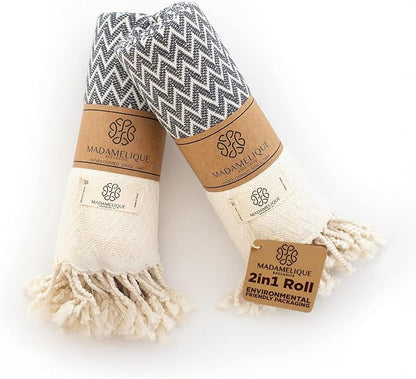 Madamelique Exclusive Hand Towels Set of 2-18 x 40 Inches - Decorative Bathroom Peshtemal Towel for Hand, Face, Hair, Yoga, Tea, Dishcloth, Kitchen and Bath - 100% Pure Cotton (Gray)