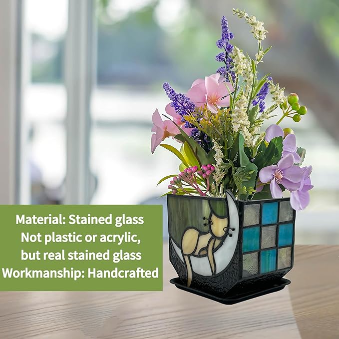 Tiffany Stained Glass Fun Moon Sleeping Cat Planter，Cactus Planter，Cute Planters for Indoor Plants,Decorative Flower Pots As Gifts for Cat Lovers，4.6x3x5.15 in