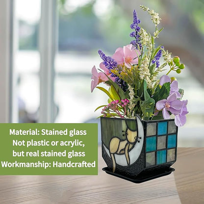 Tiffany Stained Glass Fun Moon Sleeping Cat Planter，Cactus Planter，Cute Planters for Indoor Plants,Decorative Flower Pots As Gifts for Cat Lovers，4.6x3x5.15 in