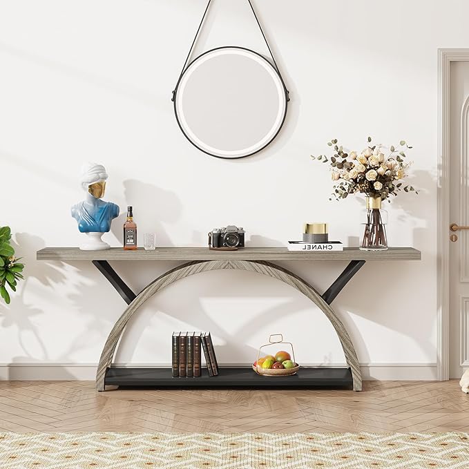 Tribesigns 70.87" Console Table with Storage Shelf, Narrow Long Sofa Table Behind Couch Table, 2-Tier Rustic Entryway Table with Half Moon Frame for Hallway Living Room, Gray & Black (Gray & Black)