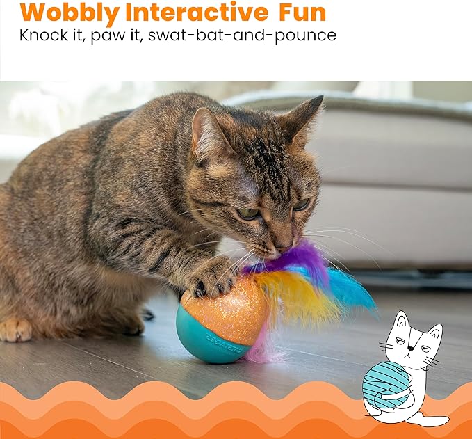 Catstages Whack N' Wobble Ball Intearctive Cat Toy, Weighted Ball with Feathers, Bell, Glitter Fabric & Catnip Oil, Turquoise