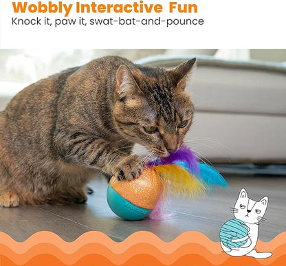 Catstages Whack N' Wobble Ball Intearctive Cat Toy, Weighted Ball with Feathers, Bell, Glitter Fabric & Catnip Oil, Turquoise