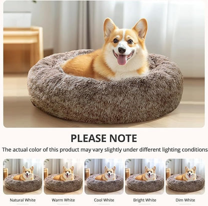 JOLLYVOGUE Calming Dog Beds Large Sized Dog, 36in Donut Washable Large Pet Bed, Anti-Slip & Anti-Anxiety Fluffy Faux Fur Round Dogs Bed, Fits up to 80 lbs Pets (Smoke Brown)