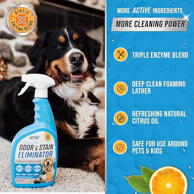 Pet Odor and Stain Eliminator - 32 oz ACTIVE Enzyme Cleaner for Dog & Cat Urine, Stain Remover Spray for Carpet, Upholstery, Hardwood, Spot Cleaning, Deodorizer for Dogs Cats Pets - Natural Citrus Oil