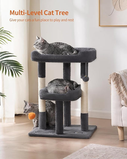 FourFurPets 27.6-Inch Cat Tree, Cat Tower for Indoor Cats, Cat Condo for Large Cats, Small Cat Tree with Scratching Post, Toy Balls, for Kittens, 2 Soft Platform, Dark Gray