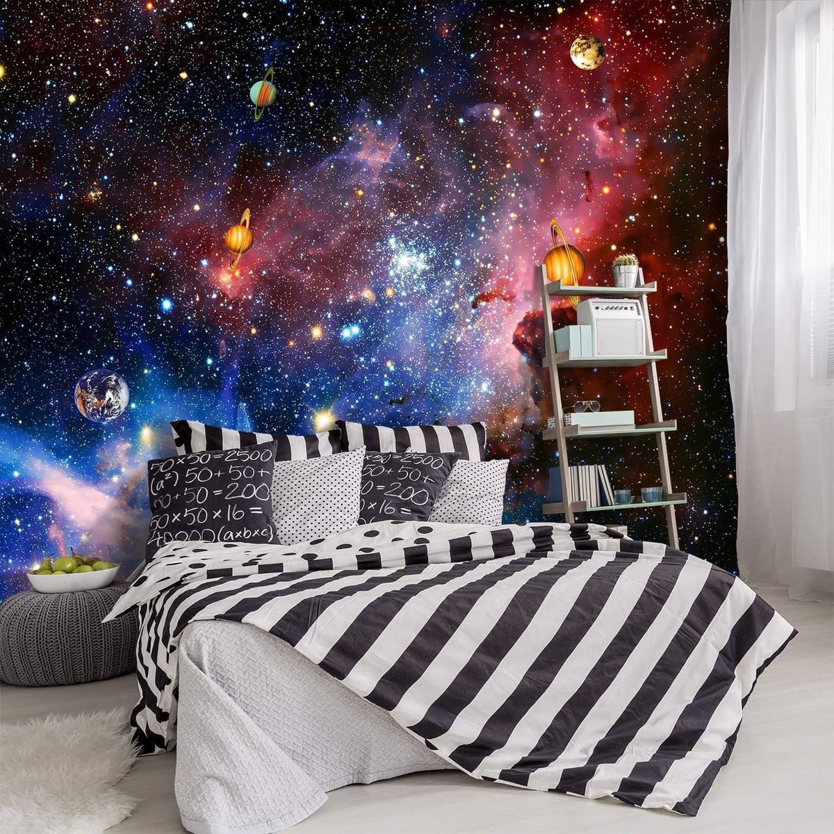 -Galaxy Universe Planet Ceiling Fabric Wallpaper Boys Girls Nursery Starry Sky Children Bedroom Bathroom Large Mural- 183"x120"（ not Peel and Stick）