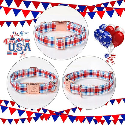 Adjustable Plaid Boy Dog Collar - Classic Boy Dog Plaid Collars for Medium Dogs, Durable Red White Blue Heavy Duty Metal Buckle Pet Collar M
