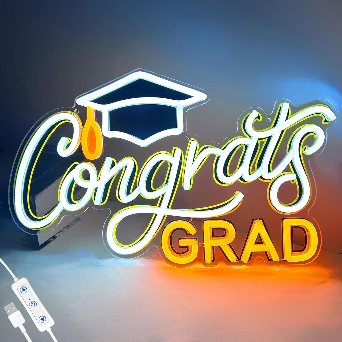 SELICOR Congrats Graduation Neon Sign with Cap - 15" x 8", Adjustable LED Light Up Sign for Prom Party, Photos, Class of 2025 Celebrations, Graduation Gift for Dorm Backdrop Room Decor