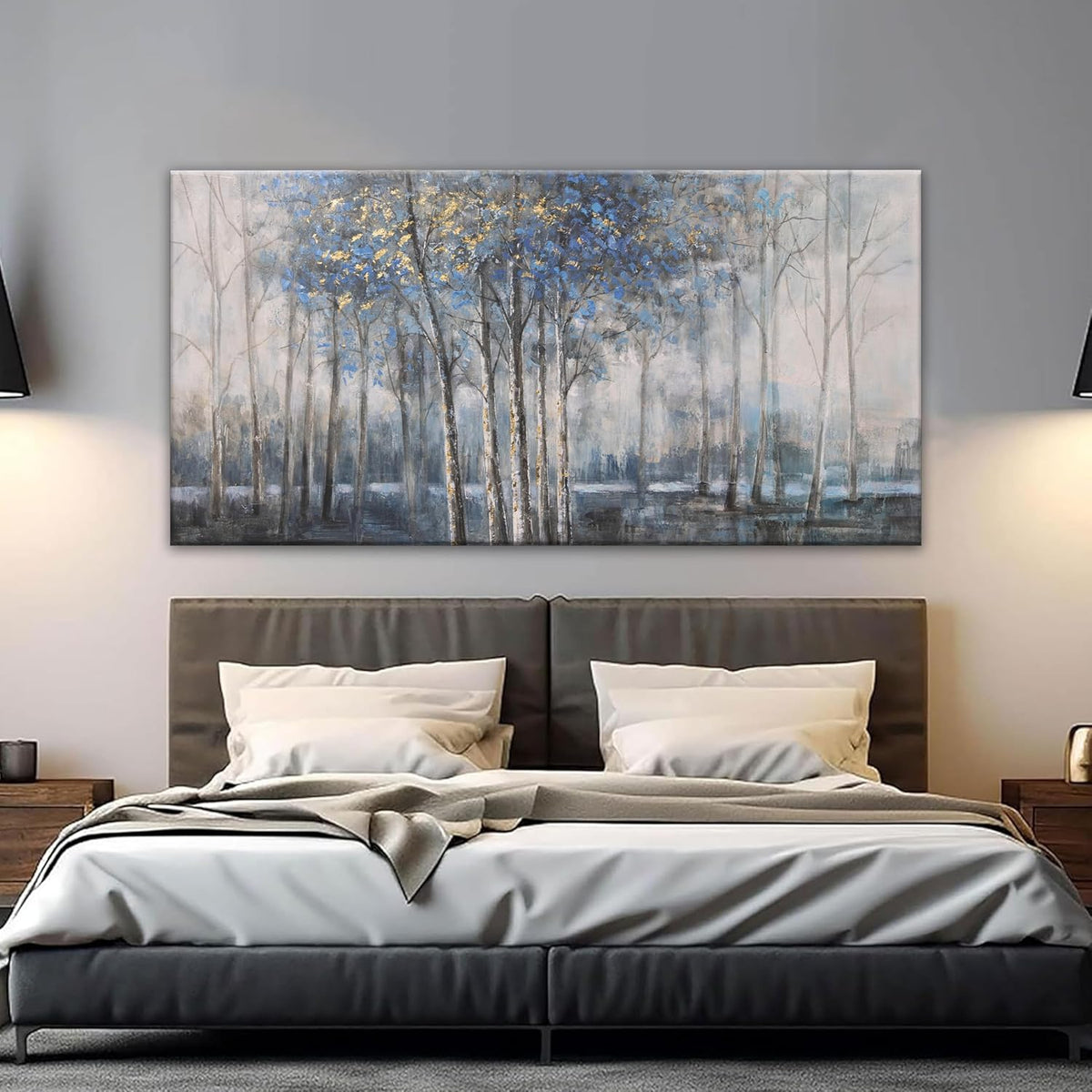 Canvas Wall Art Decor Pictures Wall Decor Prints Modern Large Wall Art Gold Wall Art Blue Grey Misty Botanical Textured Artwork for Walls For Room Living Room Bedroom Office Wall Decor 24"X48"