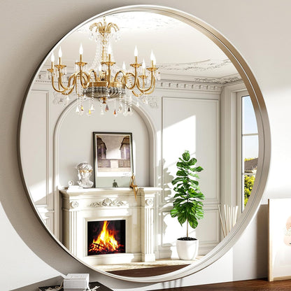 48 Inch Round Bathroom Mirror - Wall Mounted Circle Mirror with Metal Frame, Modern Mirror Suitable for Bathroom, Vanity, Entryway, Living Room, Wall Decor,Silver
