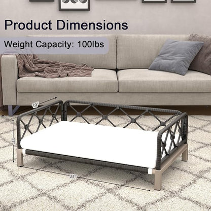 Dog Couch, 2-in-1 Dog Sofa Bed with Woven Rattan Black Wicker Frame, Indoor/Outdoor Durable Pet Sofa with Removable Plush White Cushion for Kitty, Puppy, Small Animal