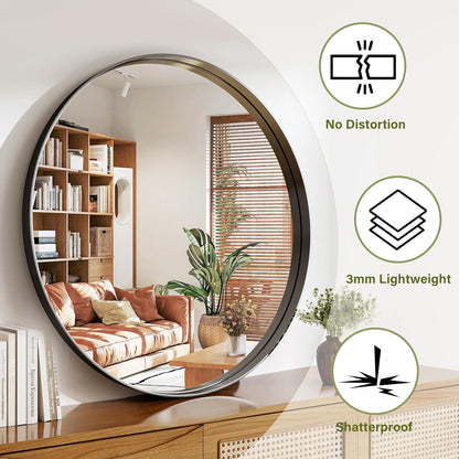 36 Inch Round Bathroom Mirror - Wall Mounted Circle Mirror with Metal Frame, Modern Mirror Suitable for Bathroom, Vanity, Entryway, Living Room, Wall Decor,Black