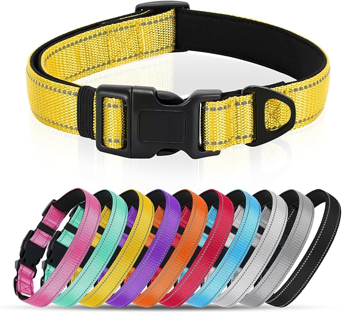 Reflective Dog Collar with Quick Release Buckle - Metal Ring - Adjustable Soft Neoprene Padded Basic Dog Collar for Small Medium Large Dogs (Yellow, Large :Width 1",Neck 15.7-23.6")