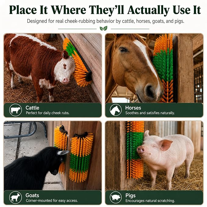Livestock Scratching Brush 2 Pack for Itchy Coats, Goat and Horse Scratcher for Cows, Horses, Goats, Pigs and Donkeys, Mounts on Posts, Fences, Stalls and Tree Stumps