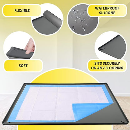 Dog Pee Pad Holder Tray Fits for 24” x 36” Pee Pads - 1 Pack - Grey | Corner Lock Holes, Raised Edges, Non-Spill, Easy to Clean Silicone Dog Potty Tray Holder, For Indoor Floor Protection