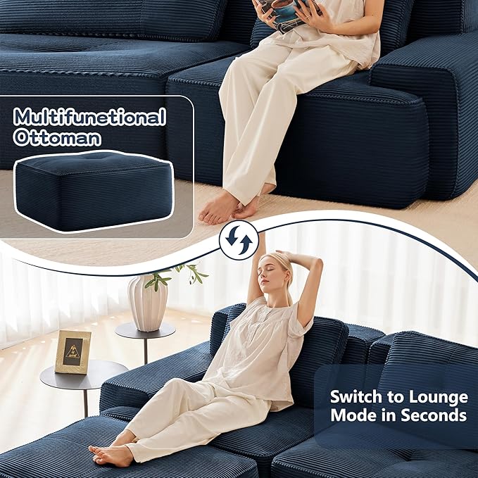150.4'' Sectional Sofa, 32D Foam Corduroy Boneless Couch with Pillow, Deep Seat Wide Arm Sectional L Shaped Couch for Living Room, Apartment, Bedroom